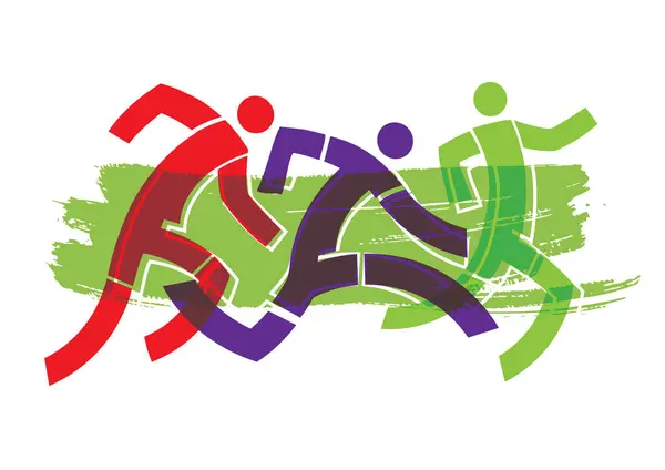 Bieg Maraton Jogging Stylizowana Ilustracja Trzech Biegaczy Zielonym Ekspresyjnym Pociągnięciu — Wektor stockowy