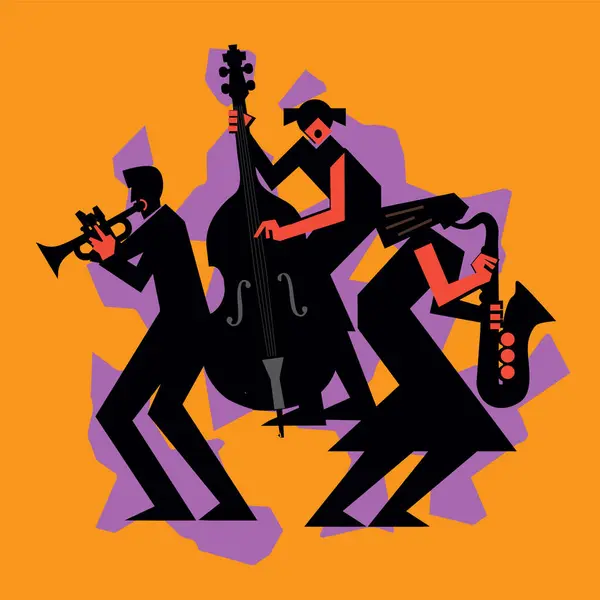Jazz Band Dixieland Contrabass Saxophon Trumpet Funny Flat Design Illustration — Stock Vector