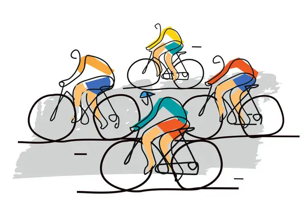 Cycling Race Line Art Stylized Illustration Group Cyclists Road Continuous — Stock Vector