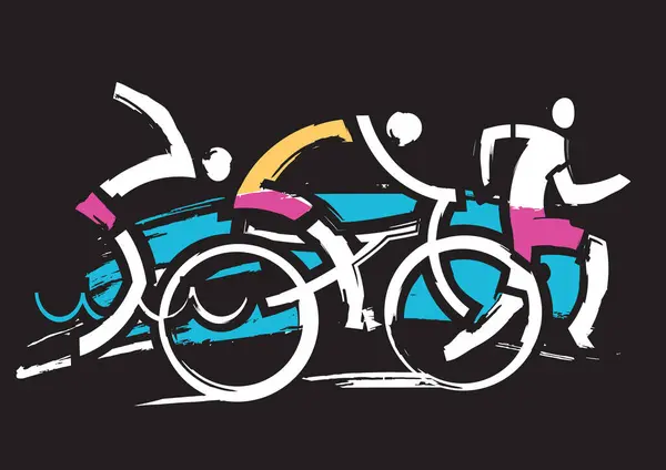 Гонка Триатлона Бегун Пловец Велосипедист Выразительный Стиль Три Атлета Триатлониста — стоковый вектор