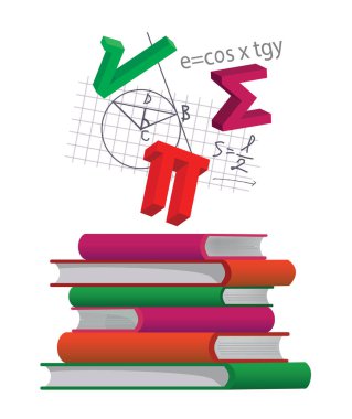 Bir yığın matematik ders kitabı. Matematik sembollü ve notlu kitapların tasviri. Kullanılabilir vektör.