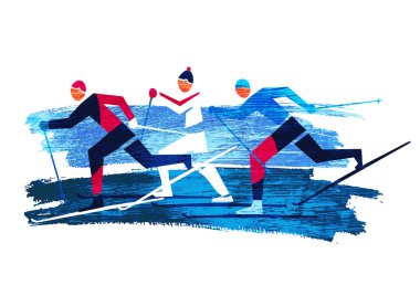 Kros Kros Kayakçıları. Beyaz arka planda üç kros kayakçısı çizimi. Grunge biçimlendirildi.