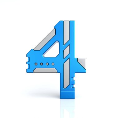 Number four 3D sci-fi logo. Cyber technology abstract texture alphabet font. Hi tech metallic number 4 typography character design illustration, blue silver metal text, 3d rendering