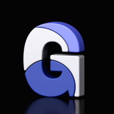 3d letter G plastic purple and white from alphabet isolated in a black background. Hi tech metallic font character design illustration, text minimal style, 3d rendering
