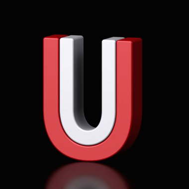 3d letter U plastic red and white from alphabet isolated in a black background. Hi tech metallic font character design illustration, text minimal style, 3d rendering