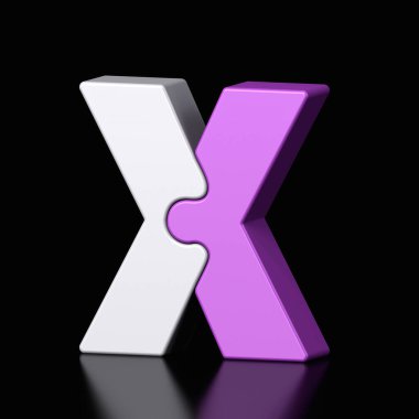3d letter X plastic purple and white from alphabet isolated in a black background. Hi tech metallic font character design illustration, text minimal style, 3d rendering