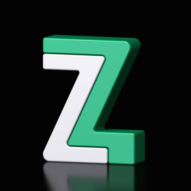 3d letter Z plastic green and white from alphabet isolated in a black background. Hi tech metallic font character design illustration, text minimal style, 3d rendering