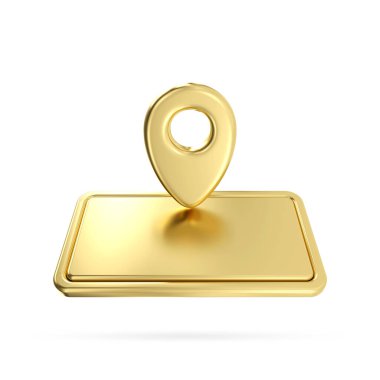 Gold metal name plate with pin icon. 3d gold direction pointer isolate on white background , gps navigation and travel location position search, 3d rendering