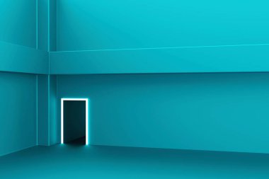 Perspective view on blank green metal wall with place for your poster or advertising banner in abstract dark empty hall with square entrance. 3D rendering, mock up