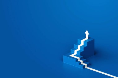 Mavi zemin üzerinde mavi merdivenli beyaz ok, 3D ok merdiveni tırmanıyor, 3D merdiven yukarı çıkıyor, 3D çizim