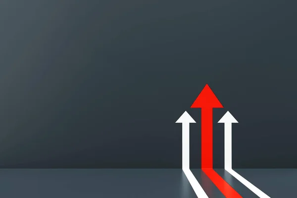 Red arrow with two white arrow going up on gray wall background. Business arrow target direction concept to success. Finance growth vision stretching rising up. 3d rendering