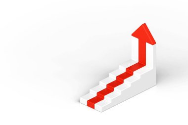 Beyaz arka planda beyaz merdivenli kırmızı ok, merdivenlerden tırmanan 3D ok, hedeflerin iş konsepti, başarı, hırs, başarı ve zorluklar, 3D yorumlama