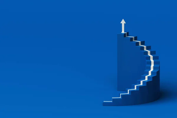 Flecha Blanca Siguiendo Escalera Caracol Crecimiento Sobre Fondo Azul Flecha —  Fotos de Stock