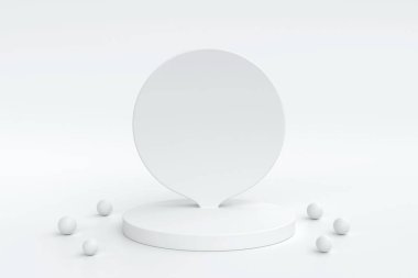 Beyaz silindir kaidesel podyum ve beyaz top ile beyaz eğri arka plan. Ürün sunumu için gösterişli beyaz minimal duvar sahnesi, 3D görüntüleme