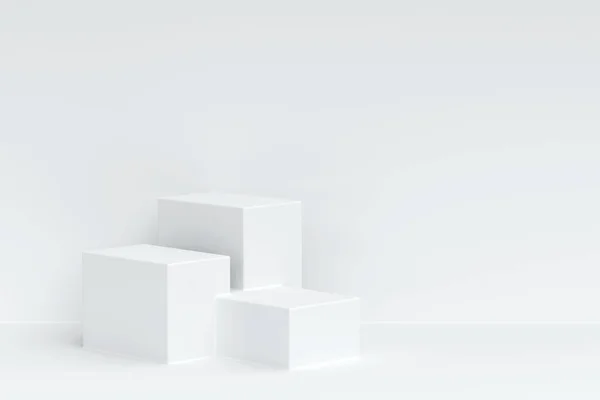 Tre Podio Quadrato Bianco Del Piedistallo Sfondo Bianco Della Parete — Foto Stock