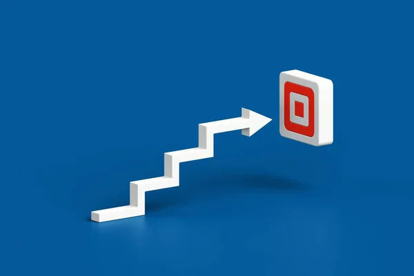 White arrow hit the target cube shape. Staircase with arrow as top tread on blue background, business strategy and target achievement concept. 3d rendering