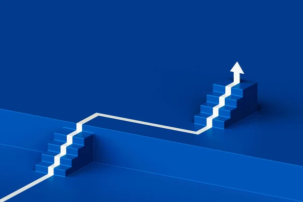 Flecha Blanca Siguiendo Las Escaleras Crecimiento Sobre Fondo Azul Flecha — Foto de Stock