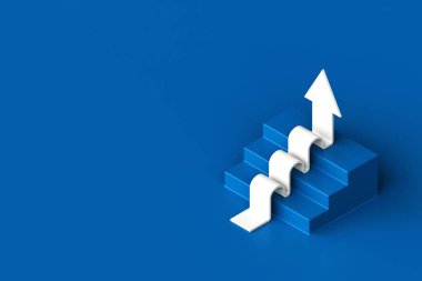 Mavi arka plandaki büyüme basamaklarını takip eden beyaz ok, 3D ok merdivenin üzerinden tırmanıyor, 3D merdiven yukarı çıkan ok, 3D çizim
