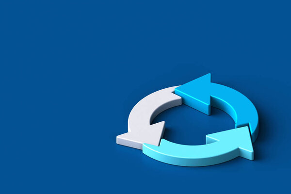 Three arrows update symbol, 3d Rotate circle symbol, 3d refresh icon on blue background. 3d rendering