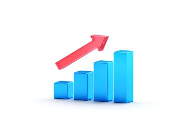 3d iş mavisi grafiği, kırmızı ok ikonu, Ticaret oku. Fiyat tablosu. Büyüme ve değer değişimi. Değiş tokuş. Yıllık ve üç aylık kâr bildiriyorum. 3d oluşturma