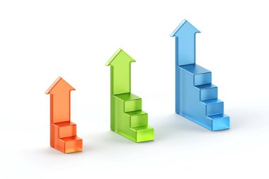 Isometric kırmızı mavi basamaklı dikey ok beyaz arka planda yükseliyor, ok seti bir merdivenin üzerinden tırmanıyor, hedeflerin, başarının ve meydan okumaların iş konsepti, 3D yorumlama