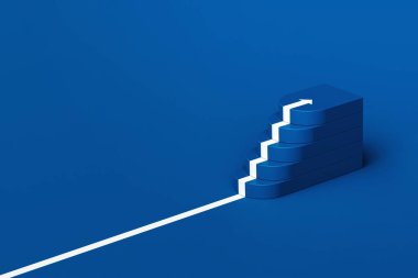 Mavi arka plandaki büyüme merdivenlerini takip eden beyaz ok, merdivenlerden yukarı çıkan beyaz ok, yukarı doğru giden oklu 3D merdiven, 3D çizim
