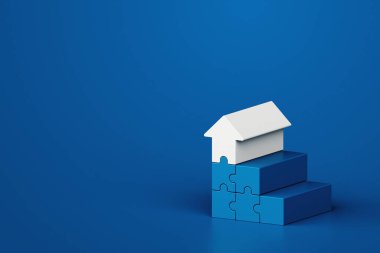 Beyaz ok, mavi arka plandaki merdiven yapbozunu işaret ediyor, iş yolu, 3D görüntüleme