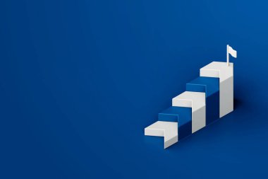 Mavi arka planda beyaz hedef bayrağı olan mavi beyaz basamaklı merdiven, iş yolu konsepti, minimal stil, 3D görüntüleme