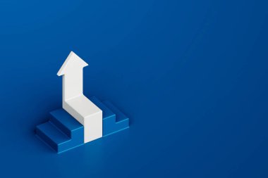 Mavi arka planda merdiveni olan beyaz ok, iş yolu konsepti, minimal biçim, 3D görüntüleme