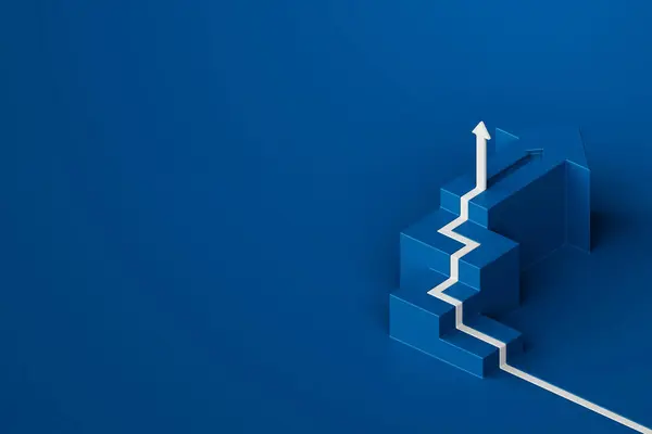 stock image White arrow follows path up staircase on blue background, symbolizing growth and advancement , 3d rending