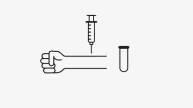 Kan alma, şırınga, test tüpü ve pano sonuçları için uzatılmış kan örneği kolunun siyah beyaz animasyon görsel temsili.