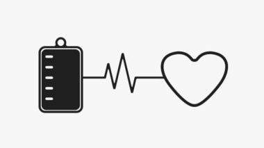 Kan torbasıyla EKG arasındaki bağlantıyı gösteren siyah beyaz animasyon kan bağışı ve kalp sağlığı bağışı arasındaki bağlantıyı sembolize ediyor.