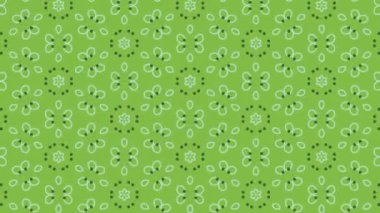 Beyaz çiçekli ve geometrik şekilli tekrarlayan desenli yeşil arkaplanın kusursuz döngü animasyonu, arkaplan fikirleri, sunumlar