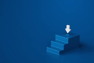 Platforma giden minimalist mavi merdiven, düğme ve beyaz ok onu gösteriyor, eylemi simgeliyor veya adım adım, 3d canlandırma