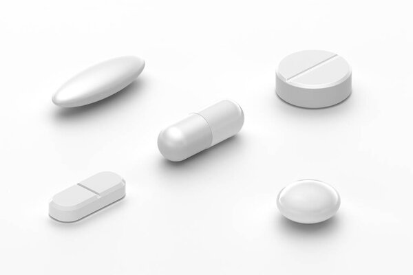 White pill variety pack, medicine, healthcare, and pharmacy close-up isolated on white background, isometric view, 3d rendering