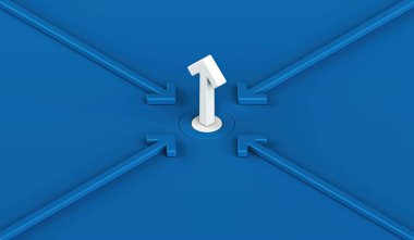 Çekirdeği yönlendiren, merkezi noktanın sembolik temsili tüm yönlerden odak alır, bir numaralı seçim yönü hedefi başarı mavi ok, 3d yorumlama