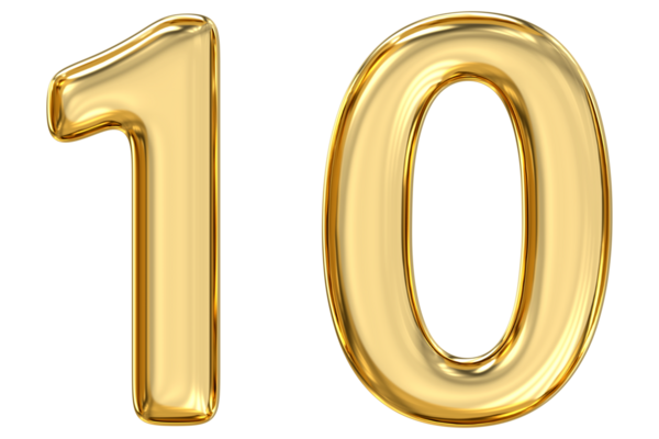 Altın 10 numara, saf, pırıl pırıl, on numara mükemmellik ve bütünlükle parıldıyor, parlaklıkla birlik ve mükemmelliği kutluyor, 3D renderin
