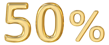 Altın Yüzde Elli, parlak, sayısal sembolün altın gösterimi% 50, önemli bir indirim ya da oran, 3D yorumlama