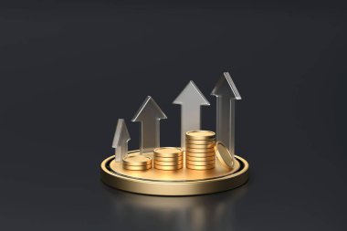 Yüklü altın sikkeler ve yukarı doğru saydam oklar, finansal büyümeyi, yatırım başarısını ve karanlık arka planda ekonomik ilerlemeyi temsil ediyor.