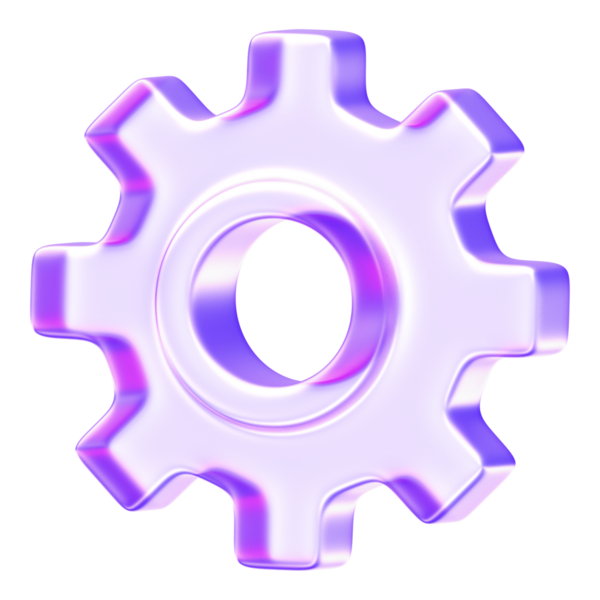 Modern dijital arayüzlerde ayarları veya yapılandırmayı temsil eden minimal cam morfizm dişli ikonu, mor cam dişli ayarlama seçenekleri mekanizması, 3D görüntüleme