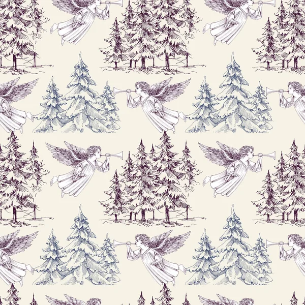 Weihnachtsbäume Und Weihnachtsengel Nahtlose Muster Kiefern Wald Design — Stockvektor