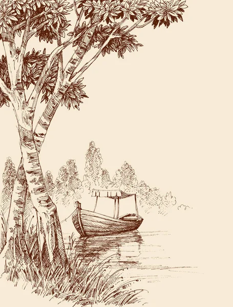 Prázdný Člun Přivázaný Břehu Jezera Relaxace Přírodě — Stockový vektor