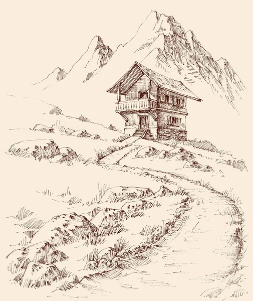 石造りの家の外観 荒野の図面の山の中でキャビン後退 — ストックベクタ