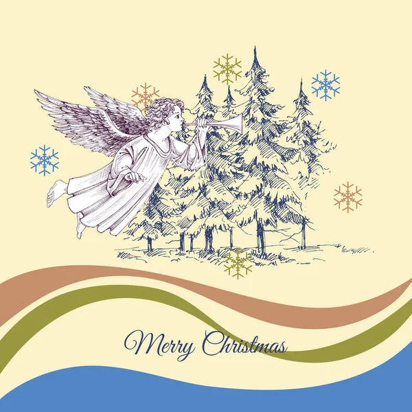 Πεύκα Και Χριστουγεννιάτικη Αγγελική Ευχετήρια Κάρτα Ευχές Εποχής — Διανυσματικό Αρχείο