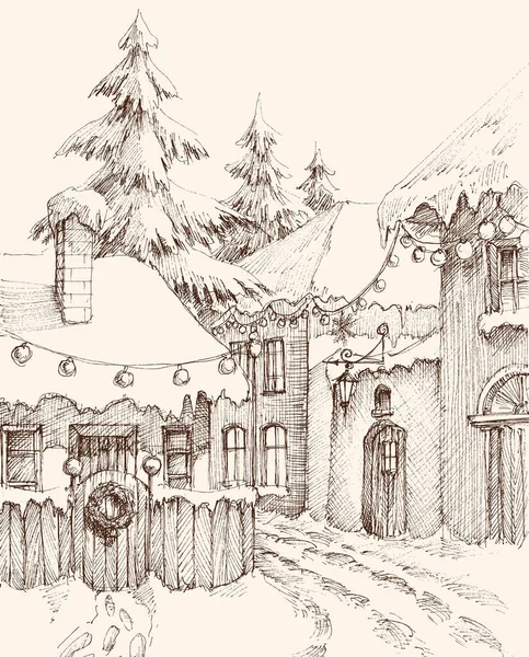 Маленькі Сільські Будинки Прикрашені Різдво Зимовий Сніговий Пейзаж Фон Ретро — стоковий вектор