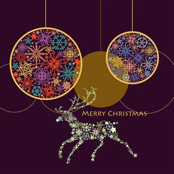 Різдвяна Ілюстрація Барвисті Сніжинки Круглих Прикрасах Оленях Темному Тлі — стоковий вектор