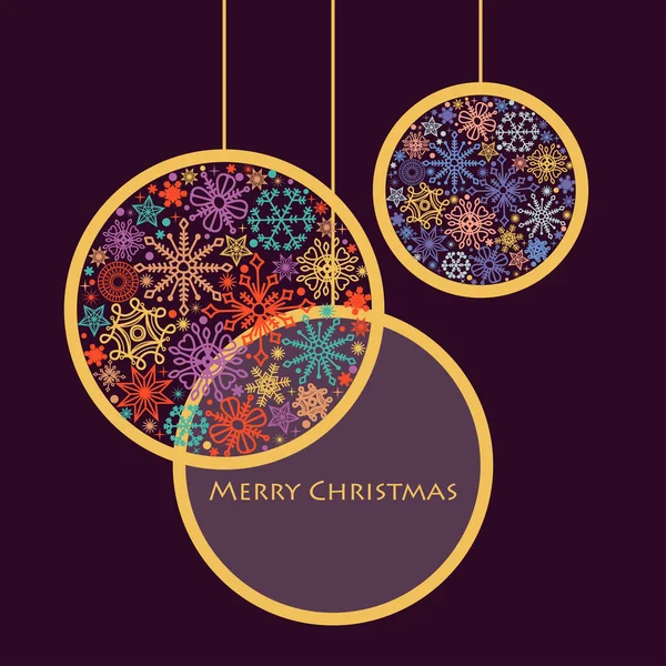 Kerst Feestelijke Ornamenten Kleurrijke Sneeuwvlokken Ronde Bauble Decoraties Donkere Achtergrond — Stockvector