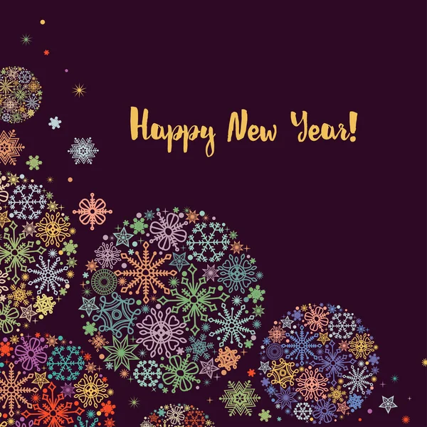 新年の挨拶カード暗い背景にカラフルな雪の結晶の装飾 — ストックベクタ