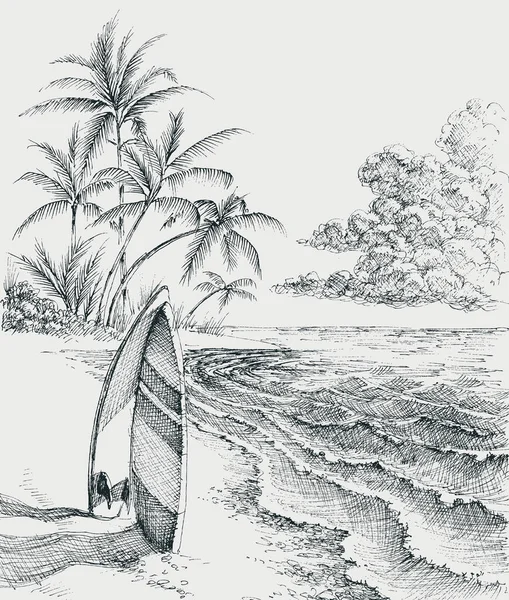 Surfboard Στην Παραλία Θάλασσα Και Φοίνικες Στο Παρασκήνιο — Διανυσματικό Αρχείο