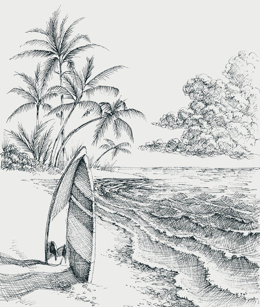 Surfboard on the beach, sea and palm trees in the background